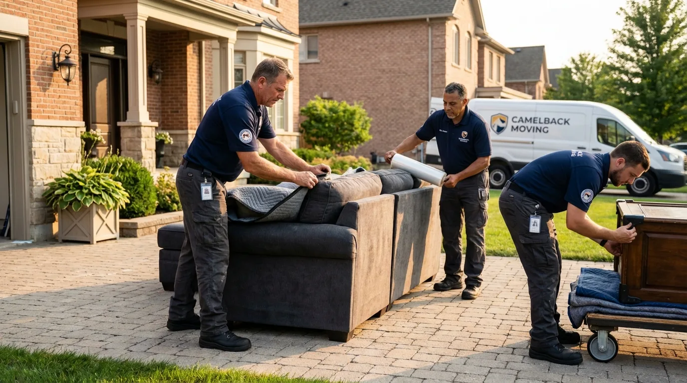 Large estate moving crew wrapping furniture in New Concord, OH