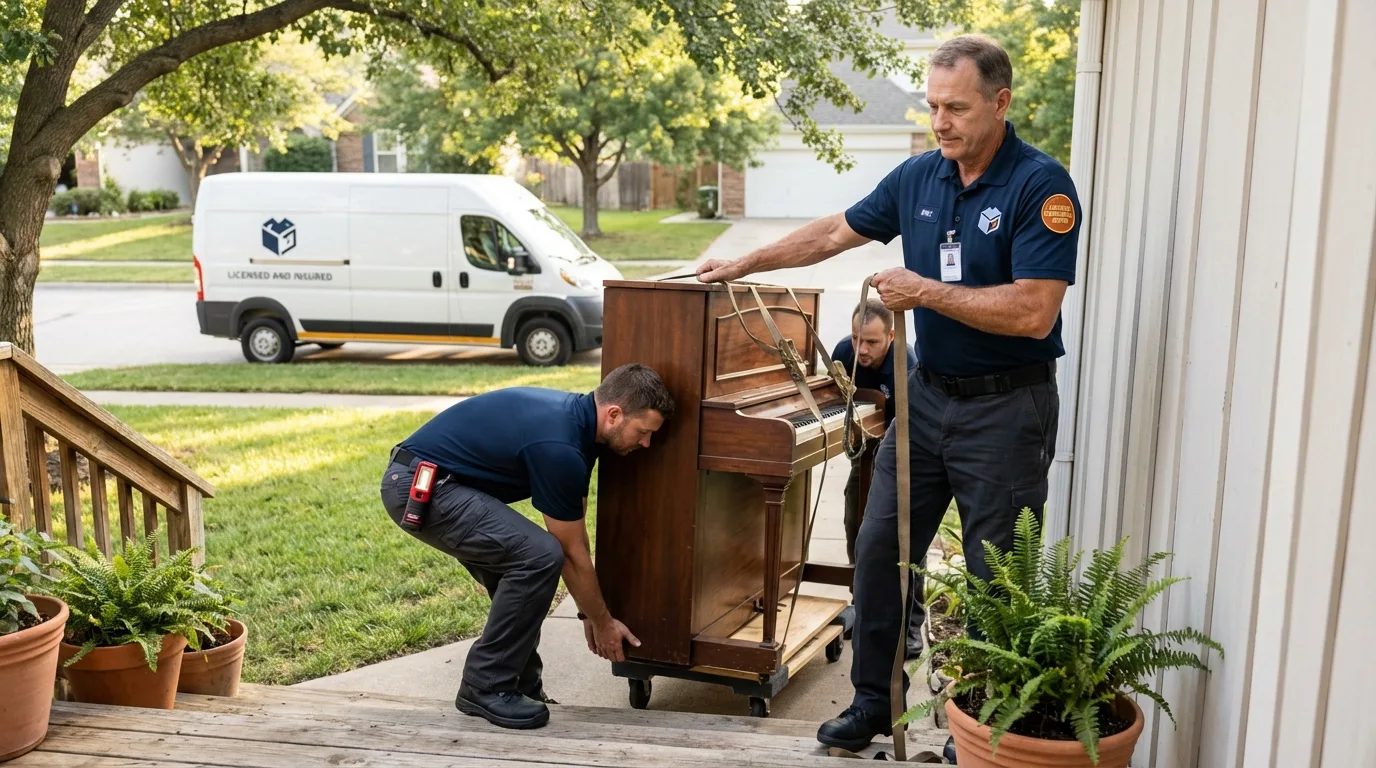 Licensed piano movers securing grand piano in New Concord, OH