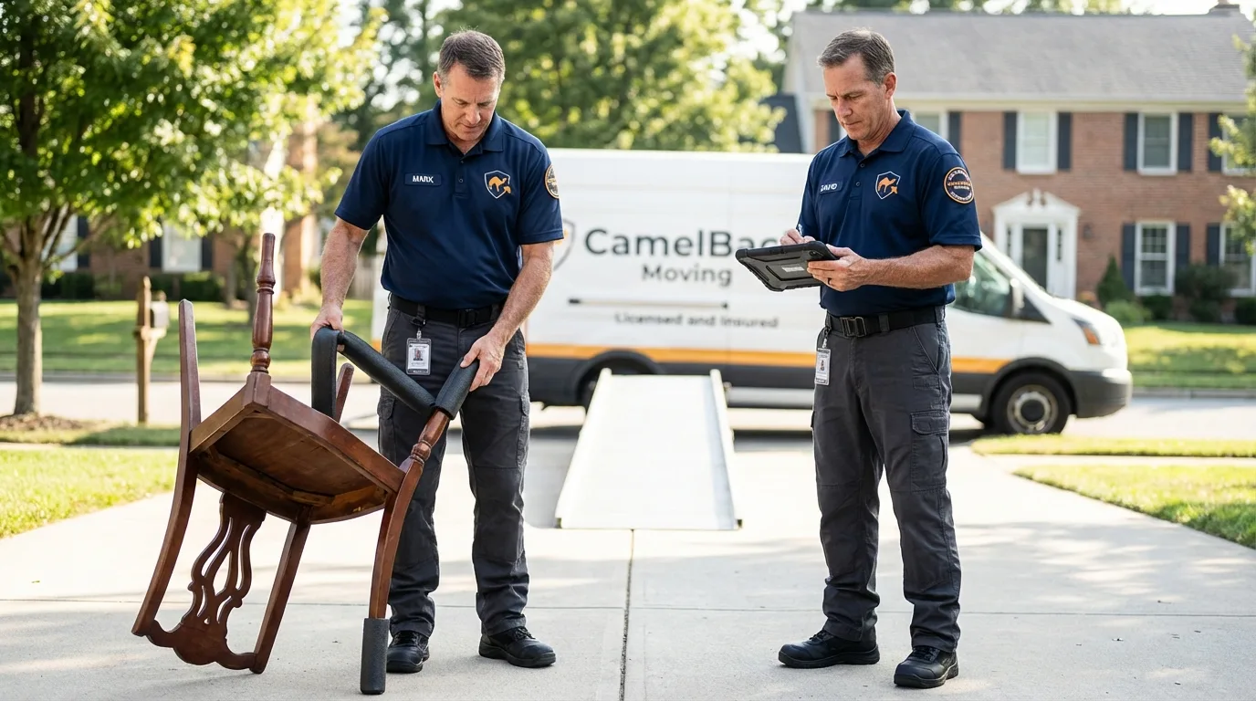 Movers inspecting furniture for damage prevention before loading in New Concord, OH