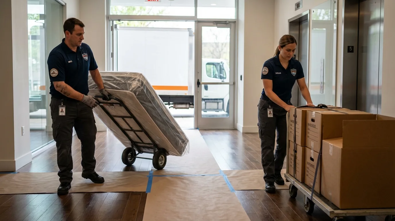 Professional apartment movers loading elevator in New Concord, OH