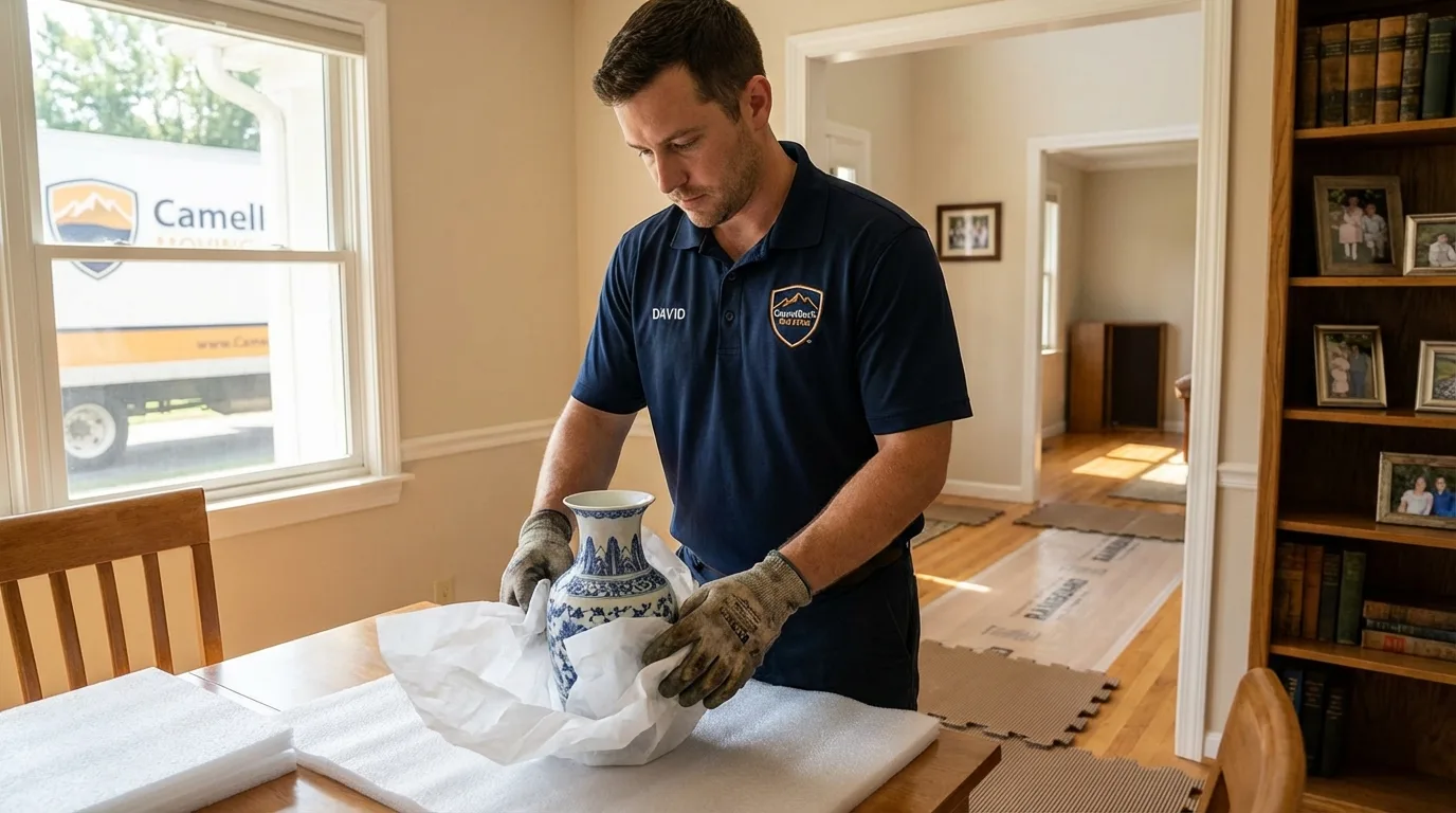 Professional crew carefully wrapping antique vase for senior downsizing move in New Concord, OH