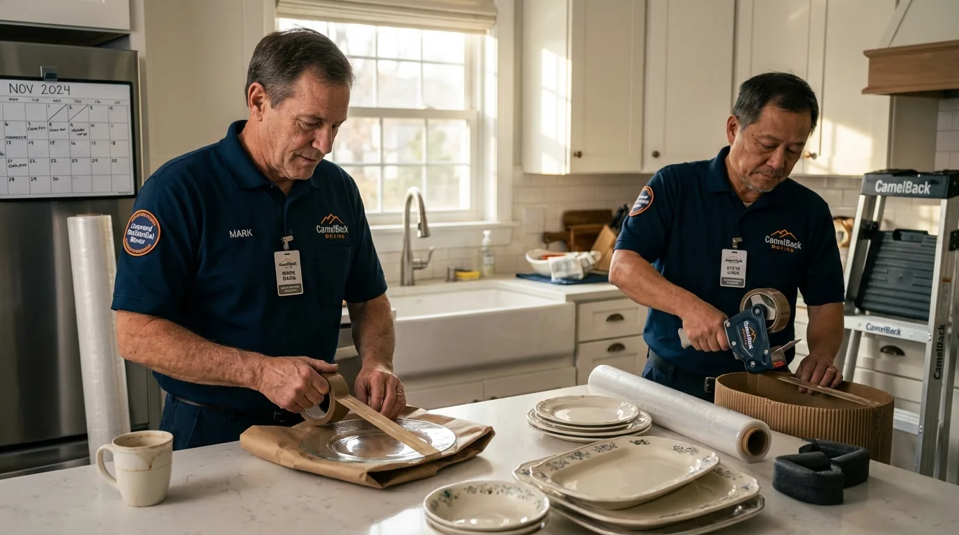 Professional crew packing kitchen dishware in New Concord, OH